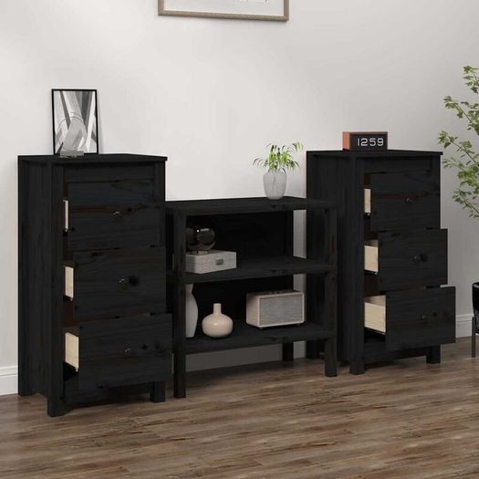 Sideboards 2 pcs Black Solid Wood Pine