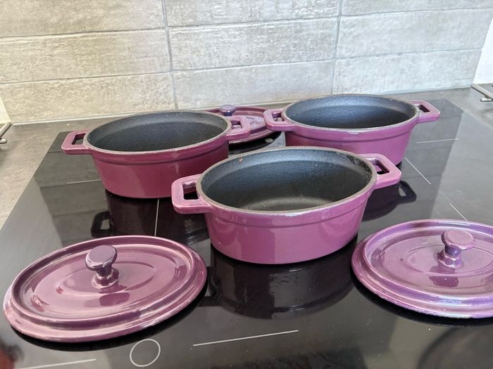 Three Unused Purple Iron Enamel Mini Casseroles