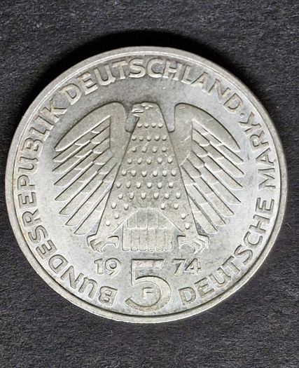 1974 F Germany 5 Mark Silver unc coin, 25th Anniversary of the federal Constitutional Law