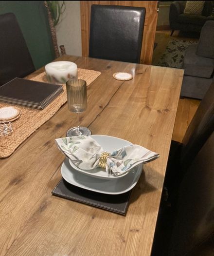 Rustic Wooden Table (180cm) & 6 Black Chairs