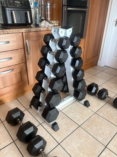 Rubber Hex Dumbbell Set + Upright Dumbbell Storage Rack