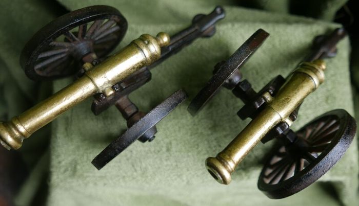 Vintage Brass and Cast Iron Cannons - Moving Wheels - Adjustable Mini Cannon - Set of 2