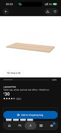 White oak effect Table Top, 140cm width