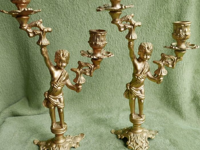 Vintage French Brass Cherub Candelabra, Antique Brass Candle Holders, Vintage Candlestick, Art Nouveau Brass Candlesticks