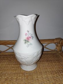 Donegal Parian china vase with pink rose pattern &  gilt sign Congratulations on your Golden Wedding