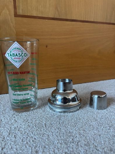 Vintage novelty Tabasco Brand glass cocktail shaker