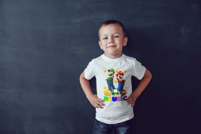 Personalised super mario t-shirt kids birthday t-shirt with chosen name on it birthday t-shirts for kids