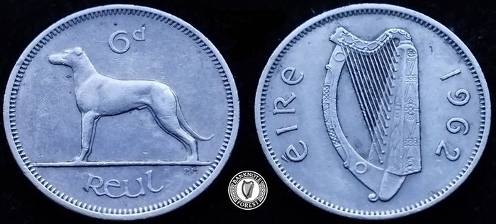 [#2423] - Ireland 1962 | Irish 6p | 6 Pence | Wolfhound | KM.13a