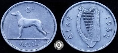 [#2423] - Ireland 1962 | Irish 6p | 6 Pence | Wolfhound | KM.13a
