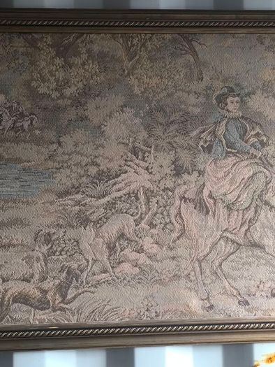 Large Framed Vintage Hunting Scene Wall Tapestry