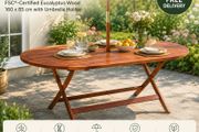 Foldable Acacia Wood Garden Table with Parasol Hole 160cm Weather Resistant