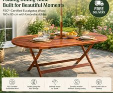Foldable Acacia Wood Garden Table with Parasol Hole 160cm Weather Resistant