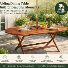 Foldable Acacia Wood Garden Table with Parasol Hole 160cm Weather Resistant