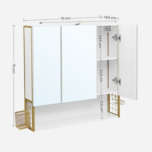 LED Mirrored Bathroom Cabinet with Storage, Basket & Hair Dryer Holder