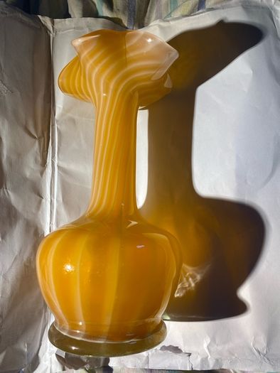 Vintage mid centuty Italian murano style hand blown art glass vase yellow & white swirls