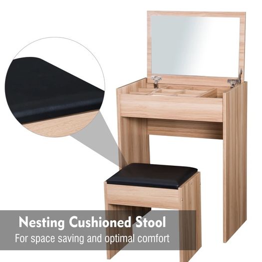 Dressing Table Set with Mirror & Stool-Wood Grain Colour (FREE POSTAGE)