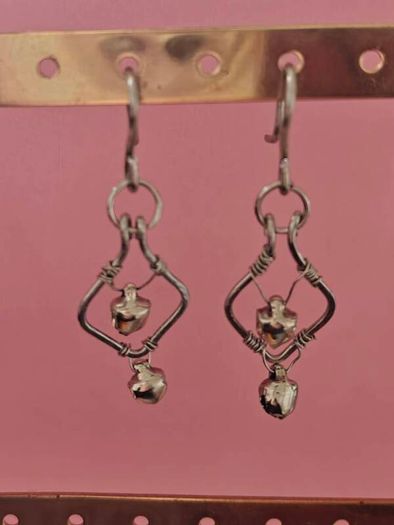 Stainless Steel Earrings with Bells, Handmade Wire Art, Geometric Dangles