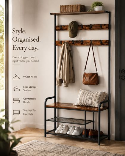 Hallway Coat Rack with Bench & Shoe Storage 9 Hooks Industrial Coat Stand