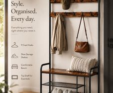 Hallway Coat Rack with Bench & Shoe Storage 9 Hooks Industrial Coat Stand