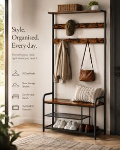 Hallway Coat Rack with Bench & Shoe Storage 9 Hooks Industrial Coat Stand