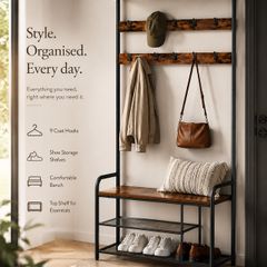 Hallway Coat Rack with Bench & Shoe Storage 9 Hooks Industrial Coat Stand