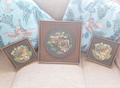 Three framed slate pictures. Two Robins & One Horse