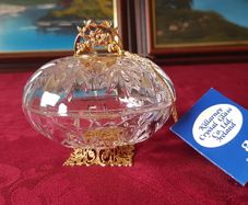 Killarney Crystal Cut Crystal Glass Happy Birthday Lidded Jewelry Dish / Bowl With 24 Carat Gold Cover Handle and Footed Base Finishing Made In Ireland