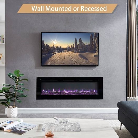 SALE FlameKo Wilton 50''/127cm 3 in 1 Electric Fireplace, Freestanding, Wall Mounted, Recessed, 9 Colour Flame Effect, Media Wall Compatible, 900W - 1800W Heater, Remote Control, Black