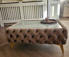 Velvet button-tufted coffee table with glass top