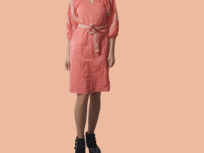 New pink dress Woolworth XS with embroidered details, cinched at the waist with a matching fabric belt