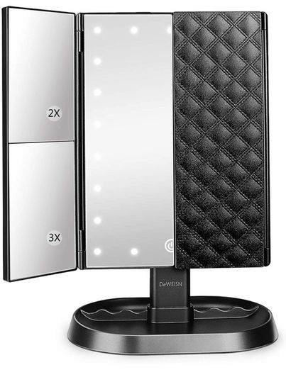 Makeup Mirror, Lighted Vanity Mirror with 1x/2x/3x Magnification, 21 LED Portable Trifold Mirror Touch Screen Dimming Dual Power, Illuminated Cosmetic Mirror for Countertop (MULTIPLE COLOURS)