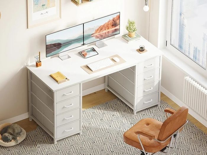 Computer Desk with Drawers, 120x48cm Modern Office Desk with Storage, Small Study Table for Home Office, White
