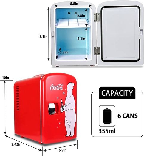 4L Mini Fridge 6 Can Portable Cooler/Warmer, Compact Personal Refrigerator for Snacks Drinks Skincare,12V and AC Cords,Accessory for Kids Bedroom Home Office Travel Car,Coke,Polar Bear (FREE SHIPPING)