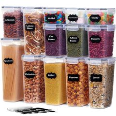 13pcs Airtight Food Storage Containers with Universal Lids, Plastic Cereal Storage Containers with Labels Marker for Flour Sugar Dry Food in Kitchen Pantry Cabinet Organization, BPA Free (FREE POSTAGE)