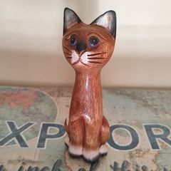 Hand-Carved Wooden Siamese Cat Figurine / Ornament