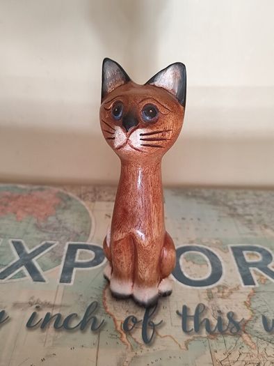Hand-Carved Wooden Siamese Cat Figurine / Ornament