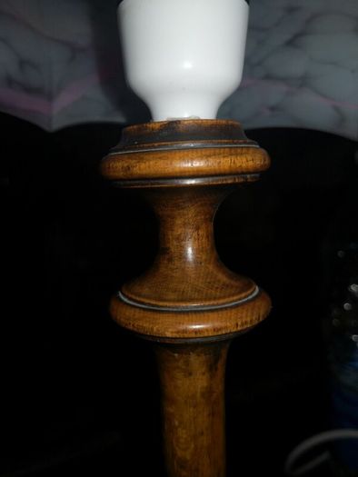 Antique hand carved wooden lamp with rare pink mottled glass shade