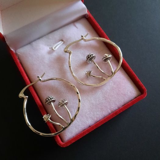 Cottagecore Mushroom Earrings Hoop Earrings Silver Tone Bohemian Fairy Nature