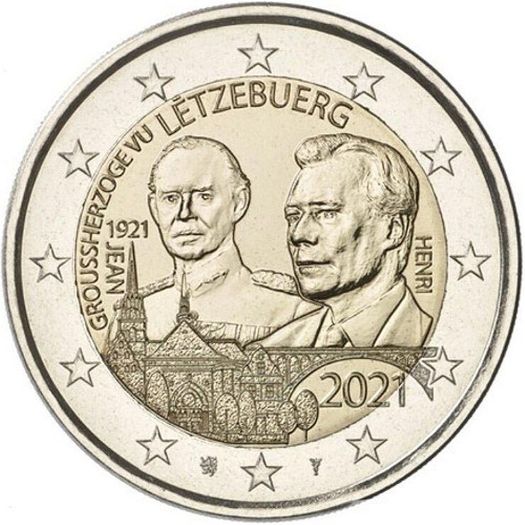 Luxembourg 2 Euro Commemorative Coin 2021 - 100th Birthday of Grand Duke Jean. Relief Version. Uncirculated.