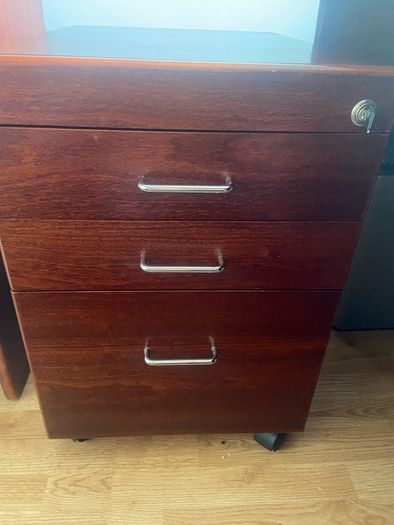 Large, very solid desk with side desk, lockable pedestal on wheels and lockable cabinet