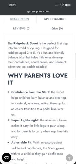 Ridgeback scoot balance bike barely used