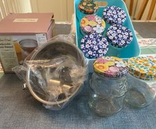 Home Made adjustable jam funnel and assorted glass jars