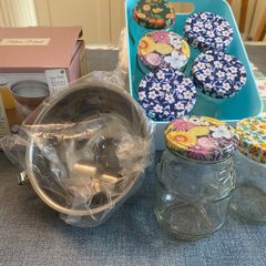 Home Made adjustable jam funnel and assorted glass jars