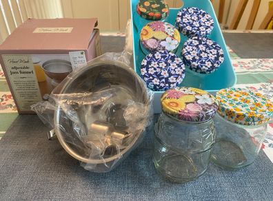 Home Made adjustable jam funnel and assorted glass jars