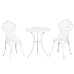 3 Pcs Aluminium Bistro Set, Garden Furniture Dining Table and Chairs Antique Outdoor Seat Patio Seater, White