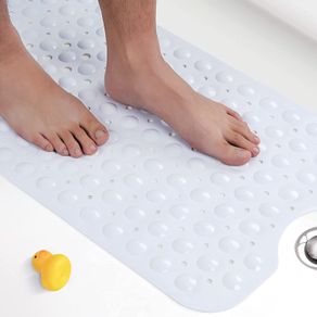 Non Slip Bath Mat for Tub, 100 x 40cm Extra Long Shower Mat Anti Mould, Machine Washable Bathroom Bathtub Mat with Suction Cups and Drain Holes, Soft on Feet, White