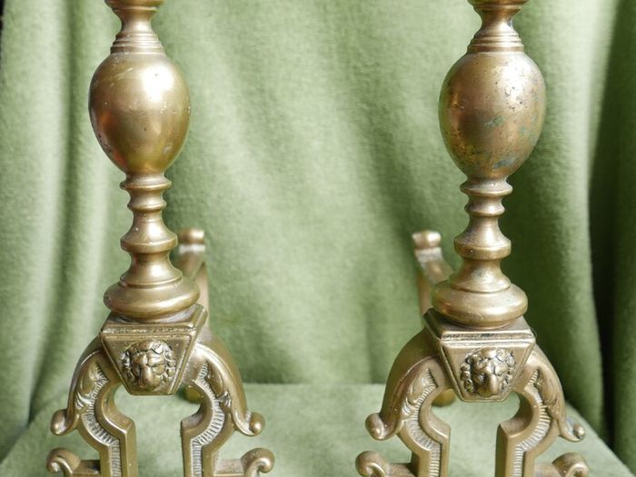 Antique Victorian Brass Fire Side Dogs - Lion Head Brass Fire Dogs