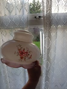Stunning Vintage 1970s Frosted Glass Light Shade Pink Ruffle and Floral