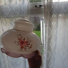 Stunning Vintage 1970s Frosted Glass Light Shade Pink Ruffle and Floral