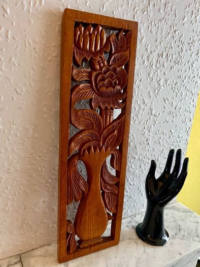 Hand Carved Long Balinese Wooden Sunflower Floral Relief Wall Art Decor Panel